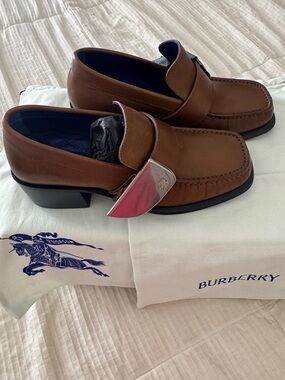 Burberry Brown Leather Slip-On Loafers with Silver Accent - Brand new with box.